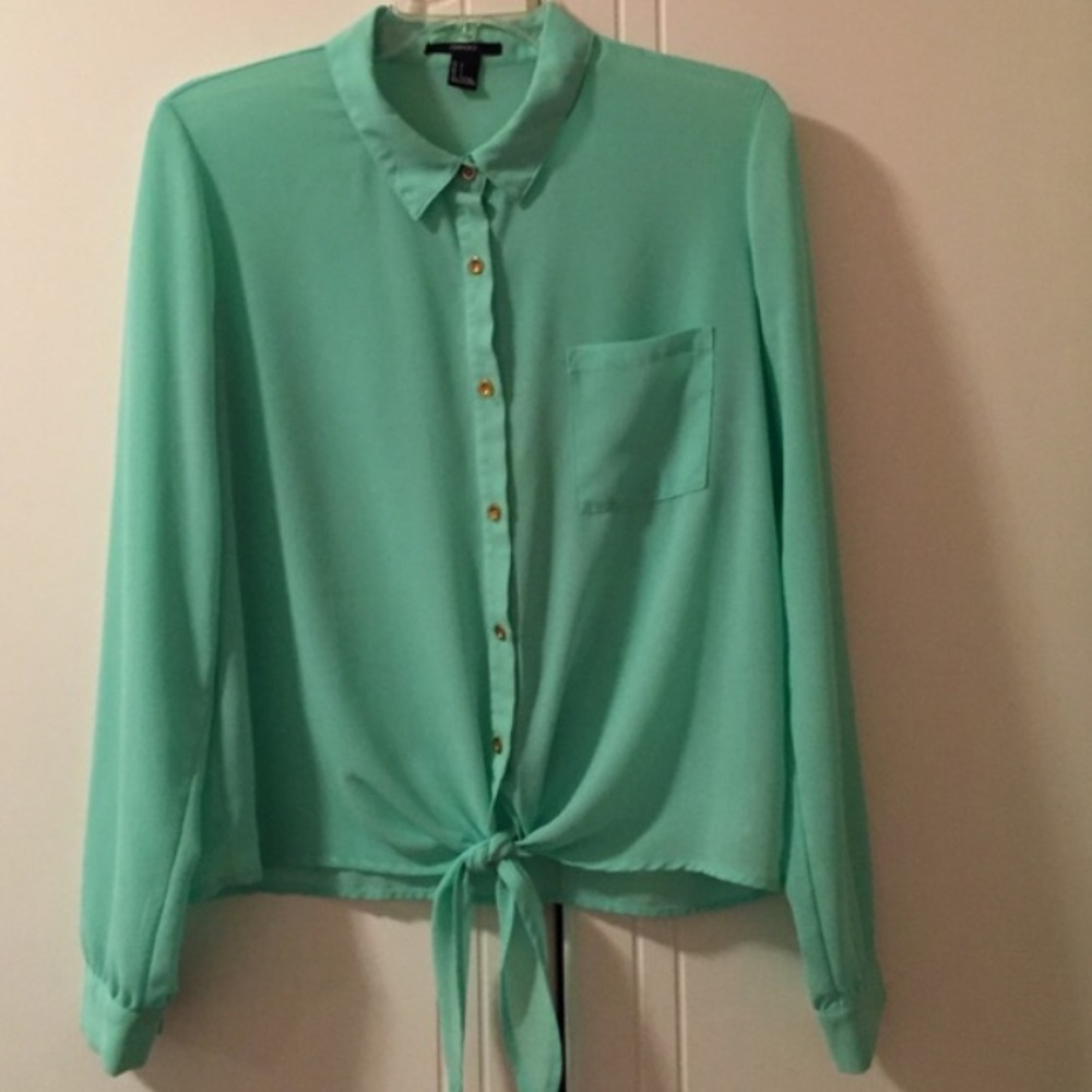 Mint green tie front button down blouse